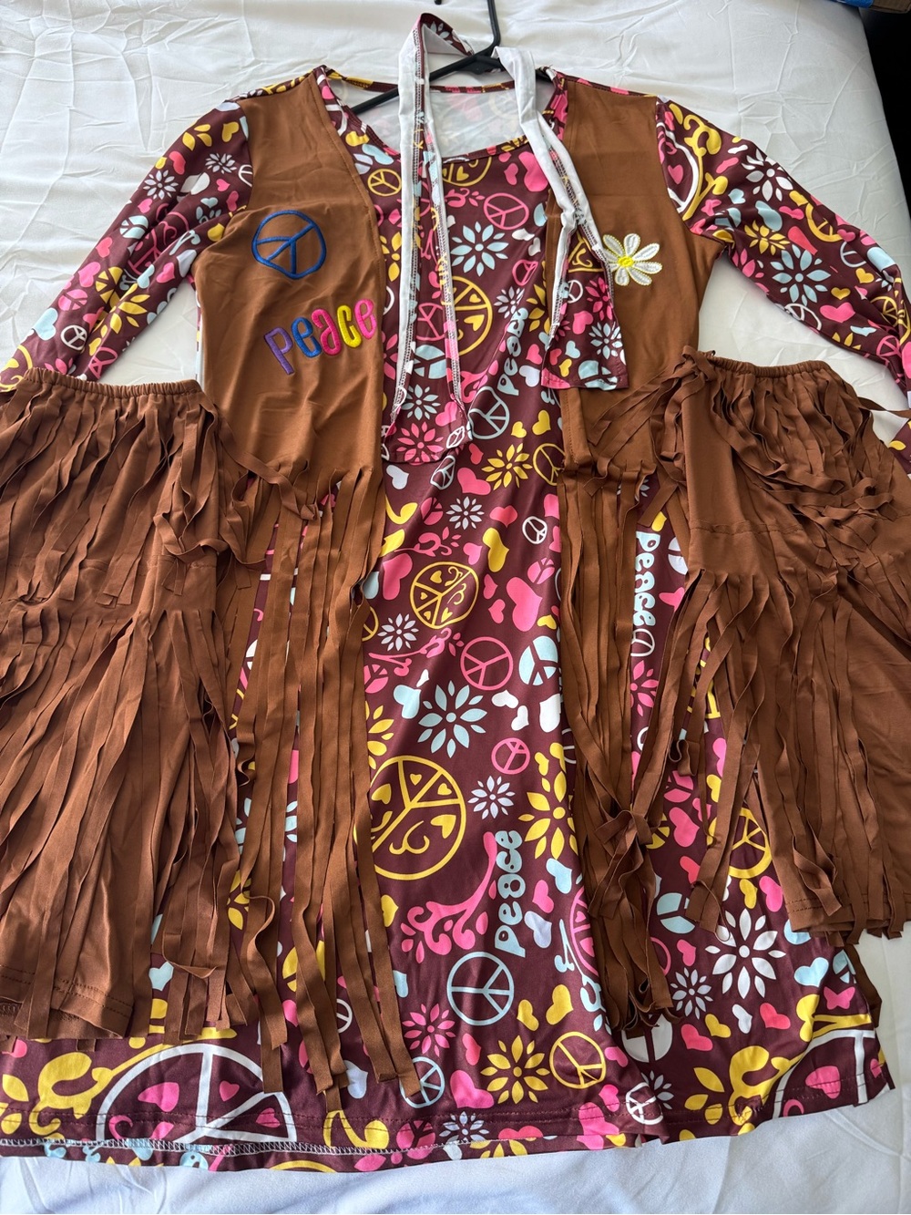 Hippie Costume Women’s Medium 60s 70s Fringe Dress 2 leg covers accessories 4pc